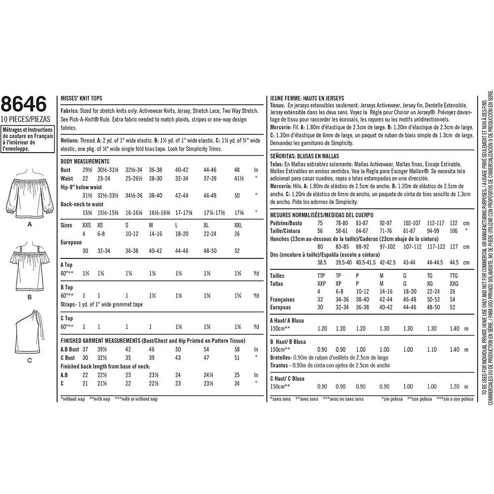 Simplicity Sewing Pattern 8646 Tops‎ Knit Misses Size XXS-XXL